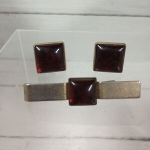 Vintage Set Gold Tone Cufflinks and Tie Clip Set with Ruby Red Stone Deco.